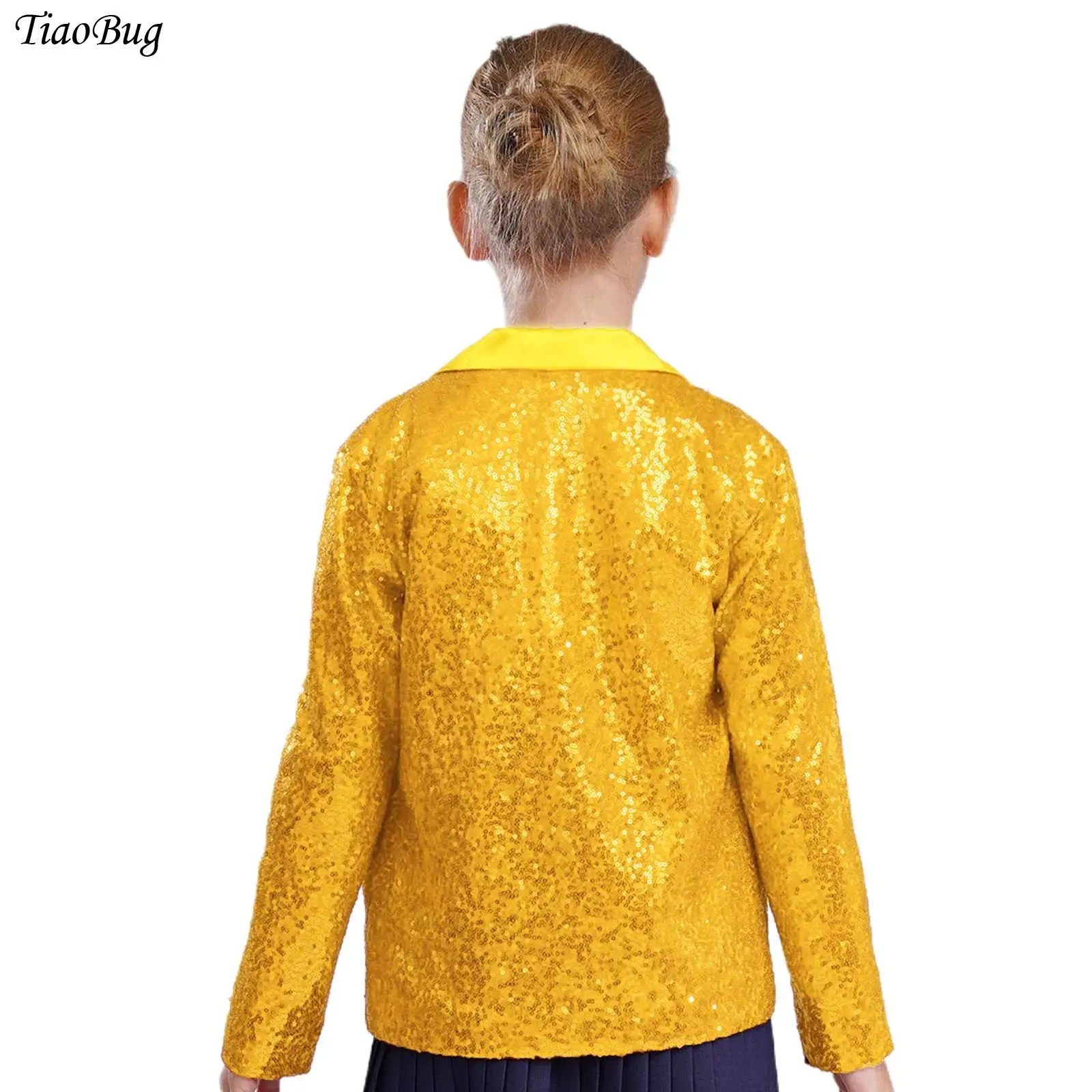 

2Pcs Kids Girls Disco Jazz Dance Costumes Sparkly Sequins Notched Lapel Long Sleeve Blazer Jacket+Pants Party Stage Performance