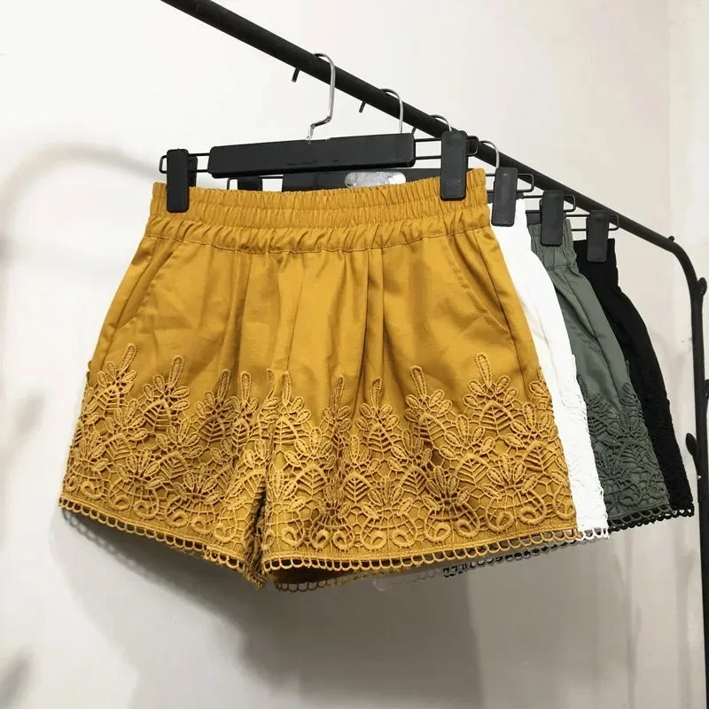 Spring Summer Lace Shorts Women Clothes Casual Harajuku High Waist Mini Shorts Feminino Loose Straight Wide Leg Shorts Q4014