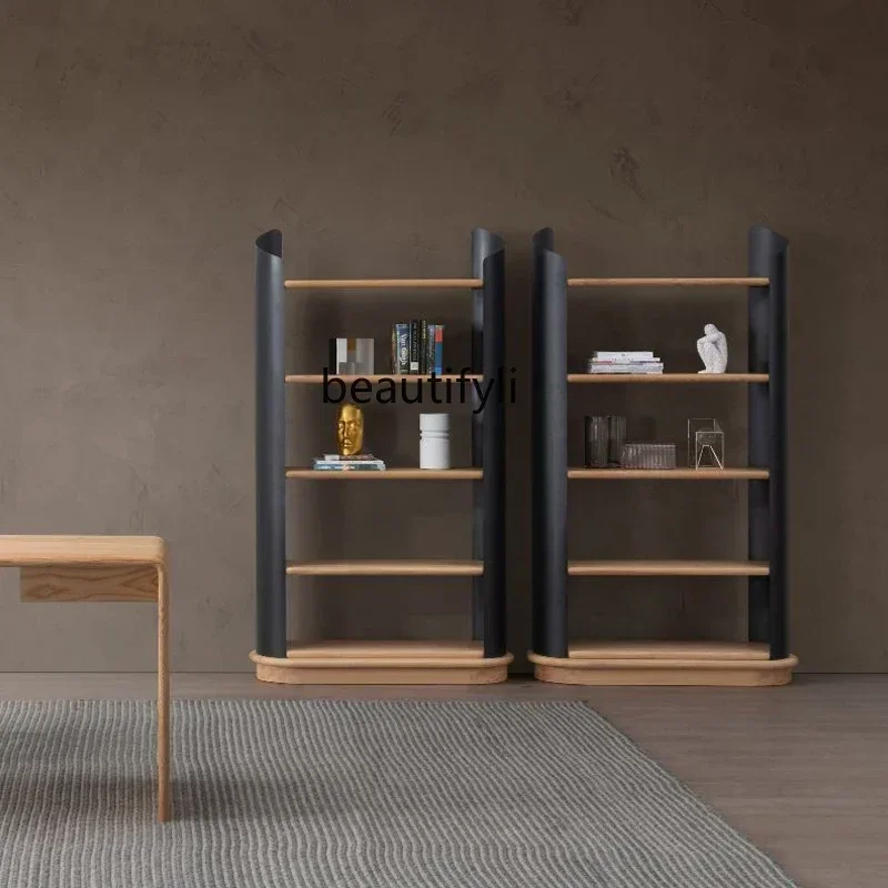 

yj15 Italian light luxury solid wood bookshelf floor-to-ceiling multi-layer oak bogu storage simple stainless steel bookcase