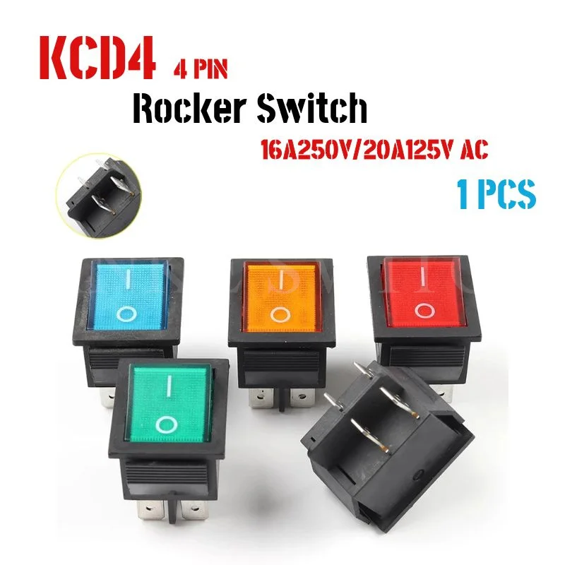 1 pcs Latching Rocker Switch Power Switch I/O 4 Pins With Light 16A 250VAC 20A 125VAC KCD4