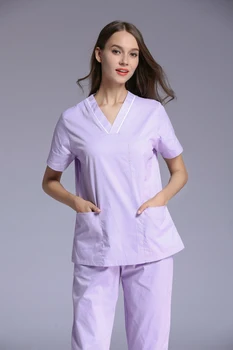 ผู้หญิงผ้าฝ้าย 100% แขนสั้นคลินิกทันตกรรมเครื่องแบบทางการแพทย์ V คอสีขาวทันตแพทย์ Workingwear การฟื้นฟูสมรรถภาพพยาบาลเสื้อผ้า