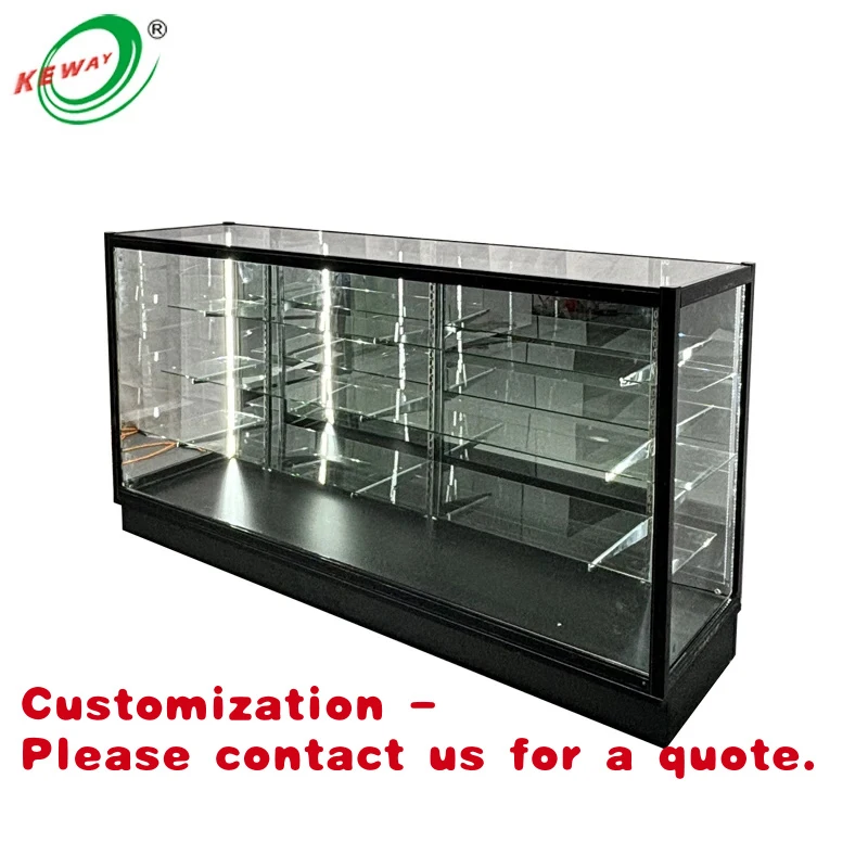 custom.KEWAY Custom Aluminum Frame Retail  Glass Display Showcase Cabinet with Sliding and LED Lights Mirror Back