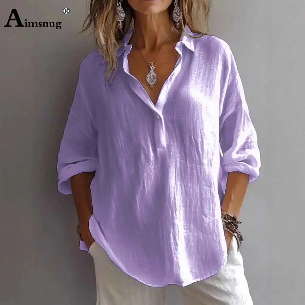 European Style 2025 Women Long-sleeves Board Shirts New Casual Beach Tops Blouse White Purple Cotton Linen shirt blusas femmes