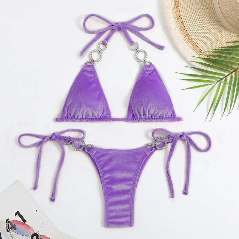 Pink Velvet String Triangle Bikinis Set for Women Sexy Halter Swimsuit Micro Thong Swimwear Bathing Suit Brazilian Bikini Mujer