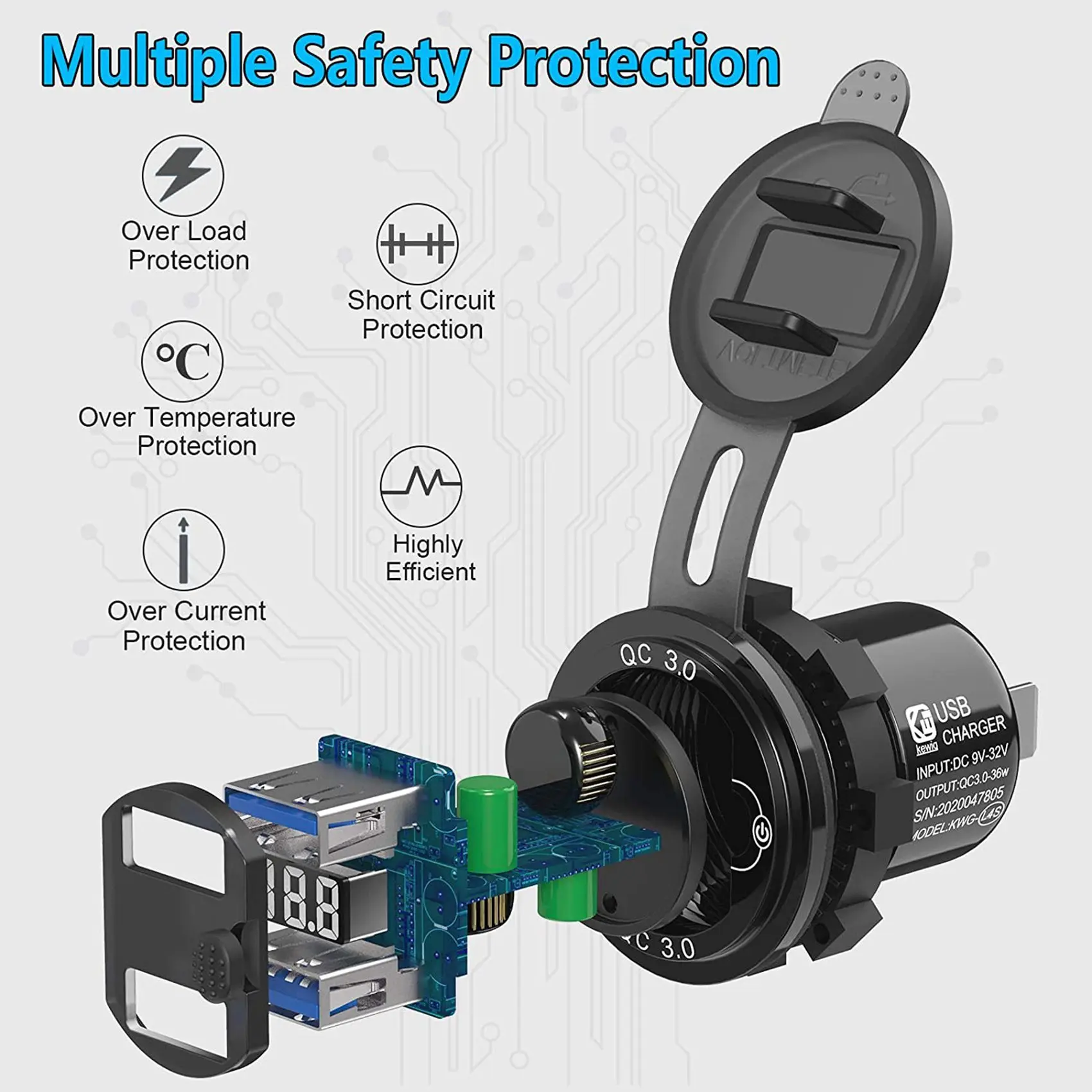 Classy-4X Quick Charge 3.0 Dual 12V USB Car , Aluminum Socket With Switch Button And Red Digital Voltmeter, Waterproof - view 4
