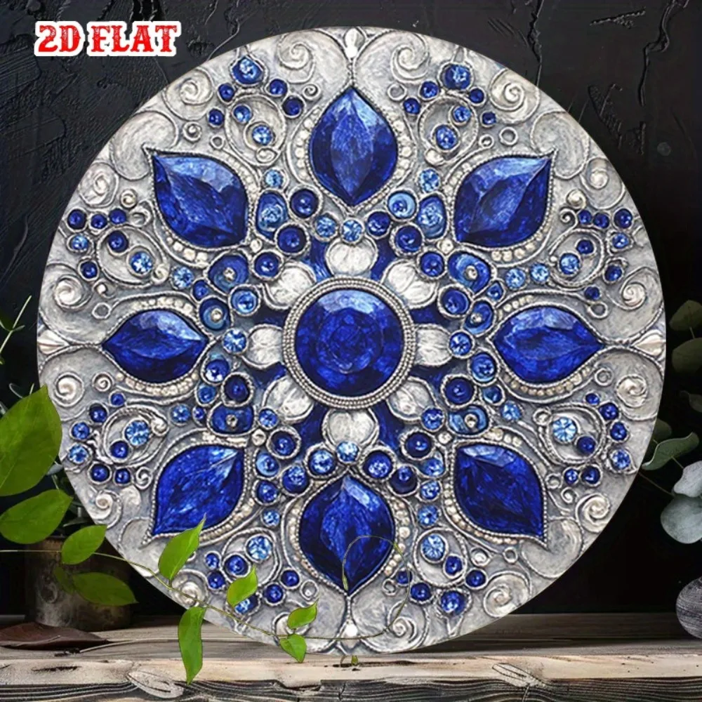 Blue Gemstone Mandala Tin Wall Art, Round Frameless Aluminum Silver Mandala Print Poster for Living Room Diner Studio, 7.8x7.8in