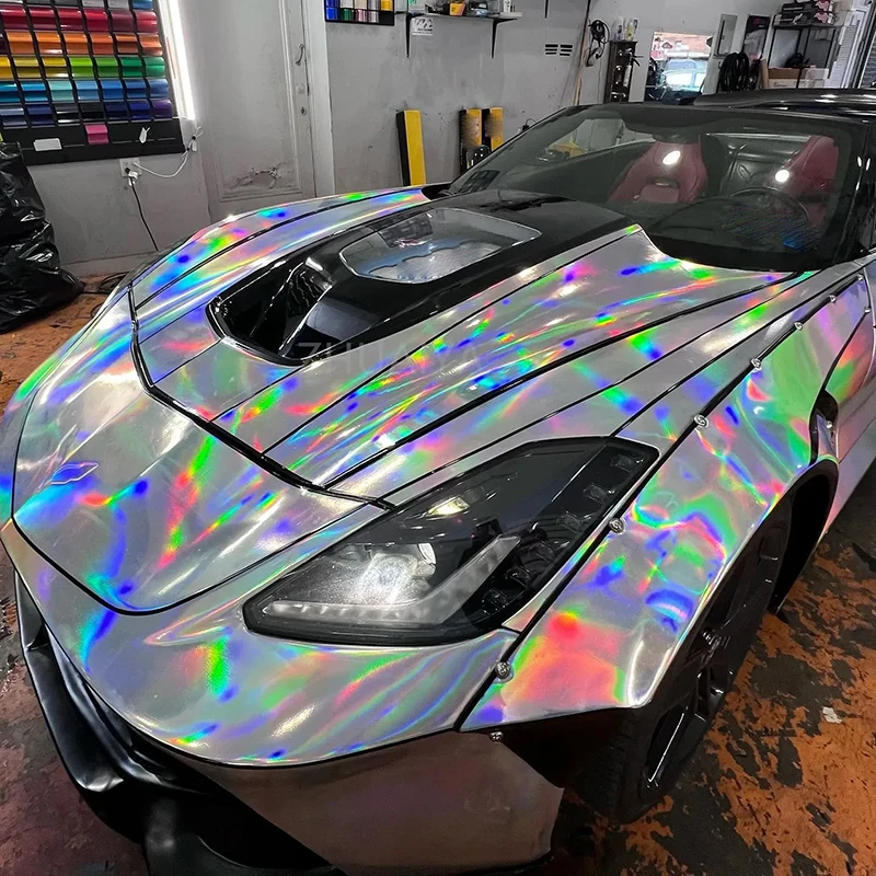 Glossy Holographic Plating Laser Chrome Silver Vinyl Wrap Film Roll With Air Release Self Adhesive Car Wrapping Motorcycle Decal