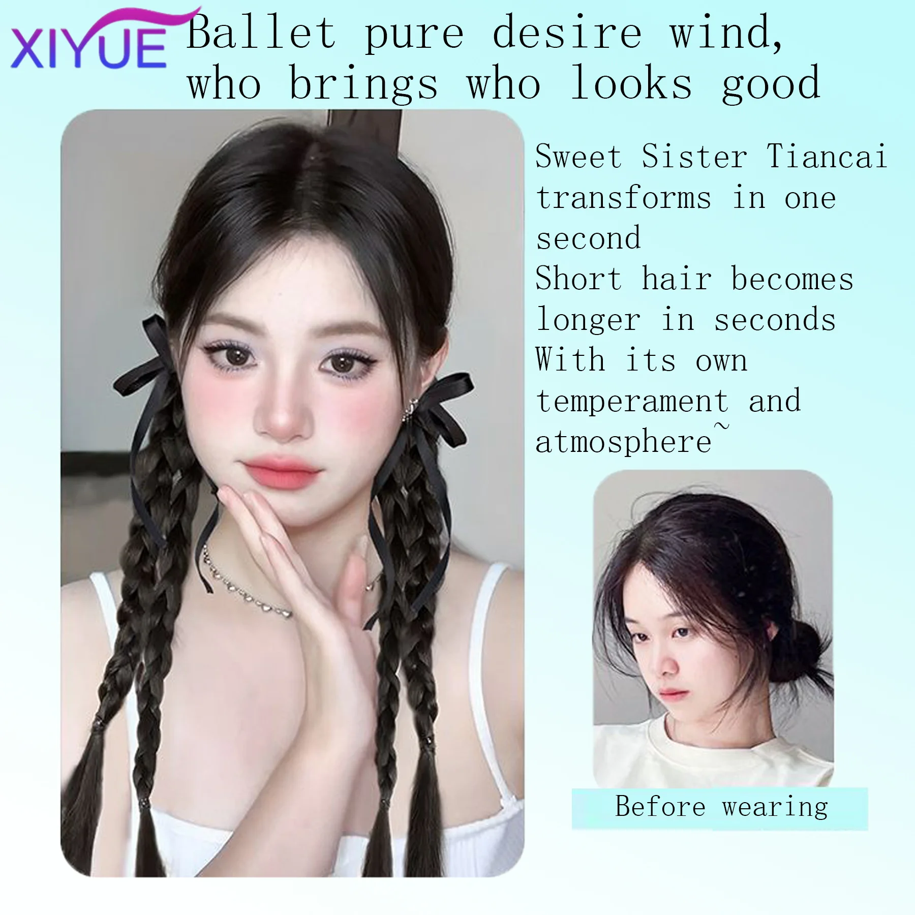 XIYUE Synthetic Braided Twist Braids ponytail Hair Extension Black Natural Wig Long Ponytail Hair Band Rubber Band Women\'s Wig