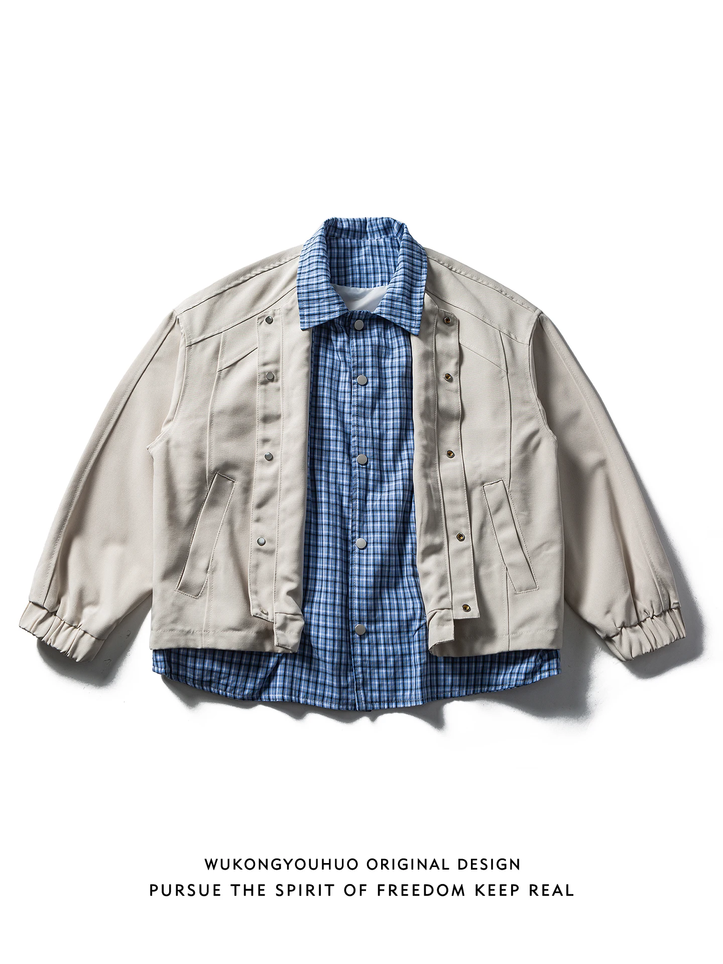 

Casual Loose Men's Plaid Jaet Fake Two-Piece Design Collar Stand-Up Spring Outerwear Polyester Fiber American Sle