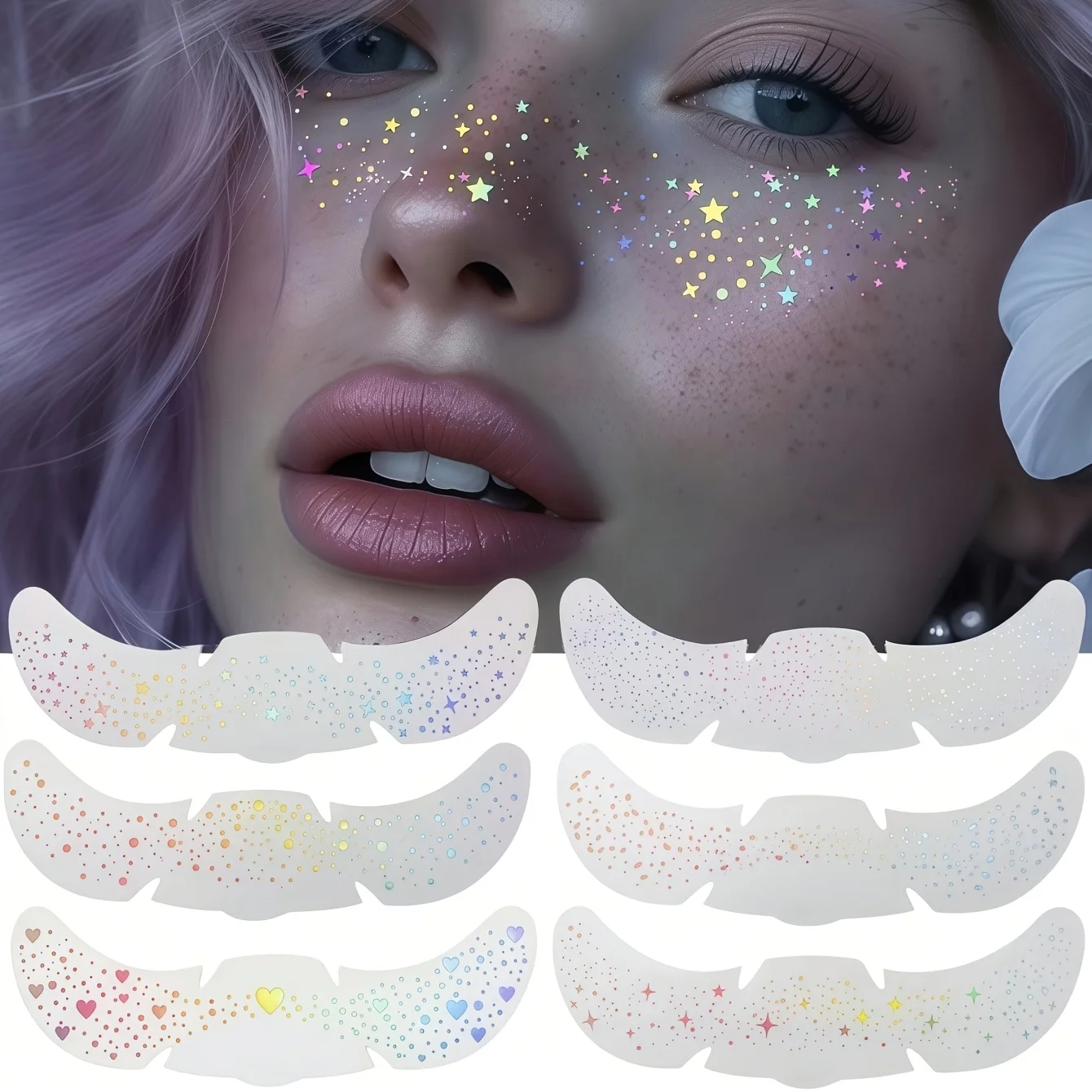 

6 Sheets Glitter Freckles Holographic Stickers Heart Freckle Tattoos Glitter Stickers Waterproof Temp Tattoos