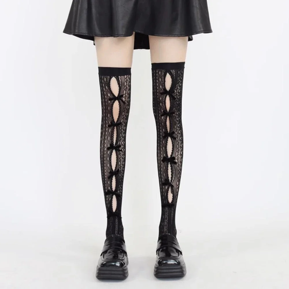 Women Sexy Fishnet Stockings Bow Lace Gothic Hollow Out Body Stockings Thigh High Over Knee Anime Lolita Tights Accessoreis