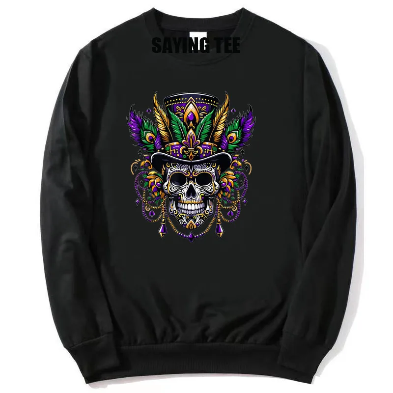 

Mardi Gras Skull Top Hat New Orleans Witch Doctor Voodoo T-Shirt Sweater Long Sleeve Mardi Gras Costume Graphic Tops Saying Tee