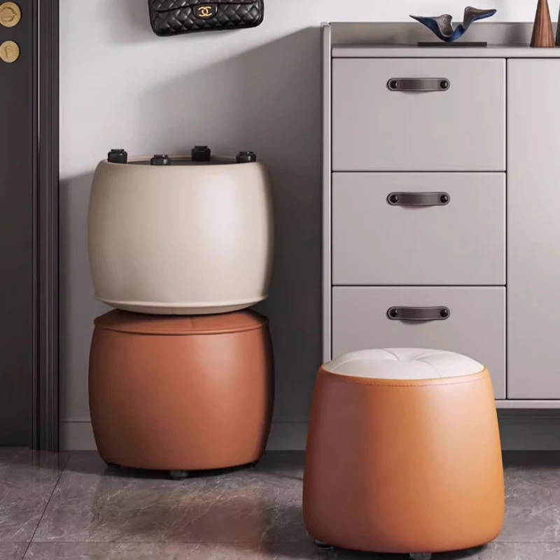 Living Room Stool Luxury Round, Pumpkin Ottoman for Coffee Table, Leather Footrest for Entryway, Modern Bedroom Vanity Seat