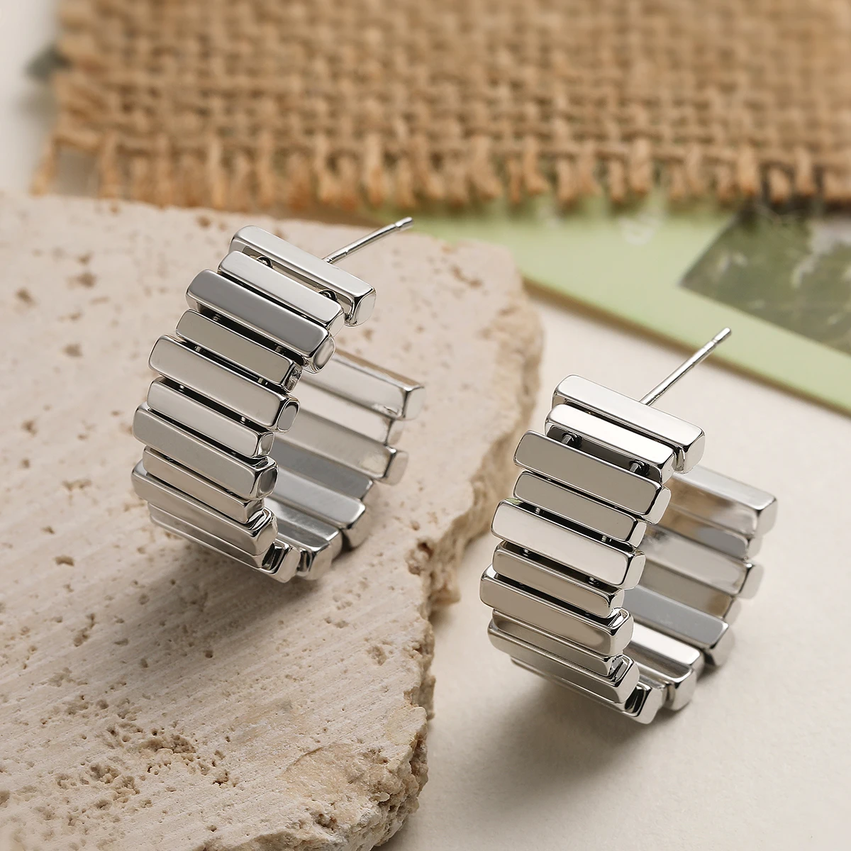 NEWBUY Gold & Silver Plated Watch Band Style C-Shaped Stud Earrings Minimalist OL Luxury Daily Women Jewelry