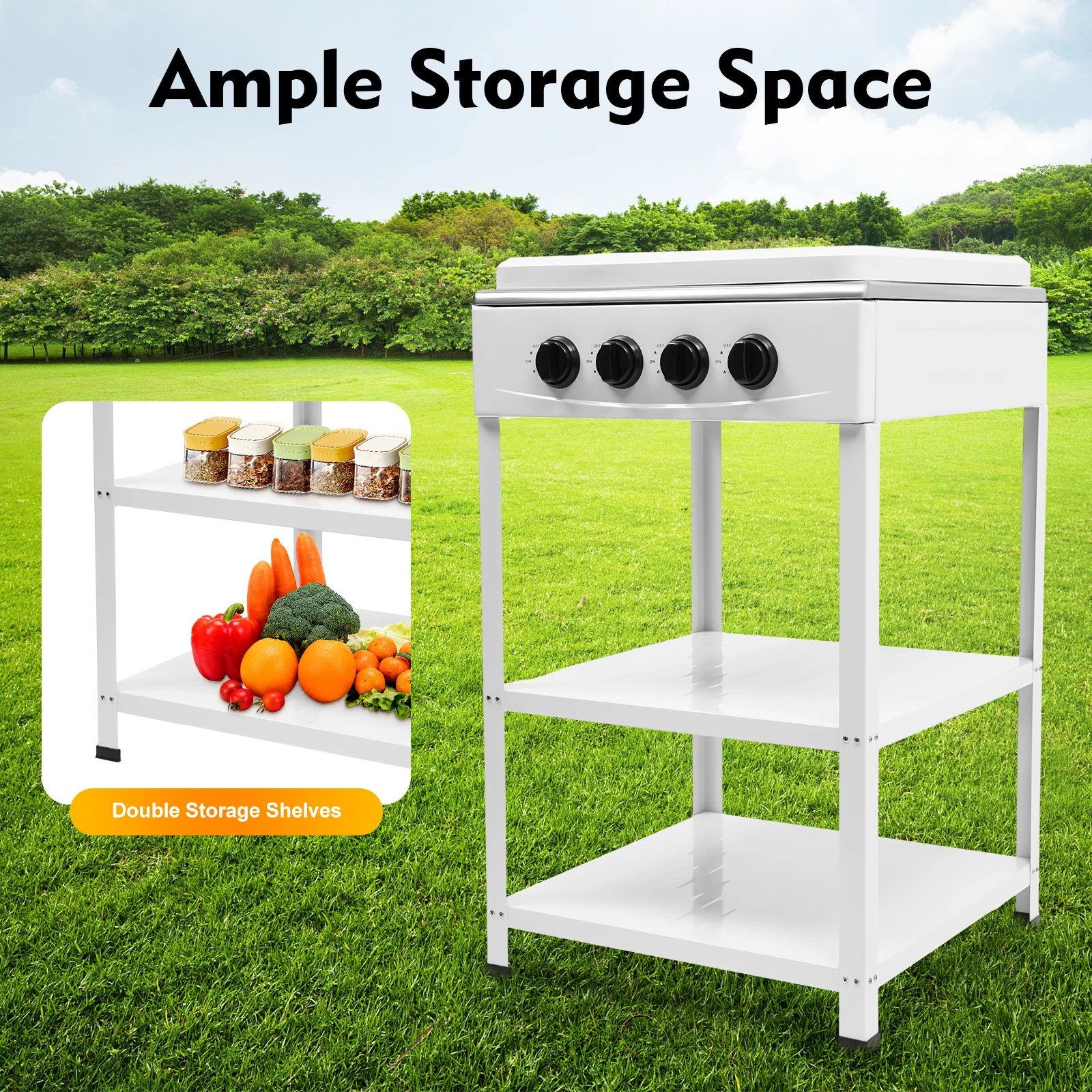 

Propane Gas Stove Outdoor Natural Gas Stove with 4 Burners and Double Storage Shelves Four Rotary Knobs Independent Control
