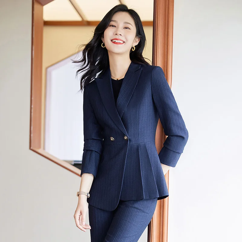 23Spring and Autumn New Striped Blue Long Sleeved Small Suit Collar Jacket Women's Pants Professional Commute Two-Piece Suit