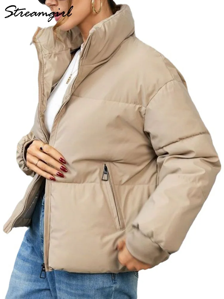 Loose Short Down Cotton Jackets Women Winter Warm Thick Coats Padding Outwear Short Winter Down Quilted Jackets Beige Women