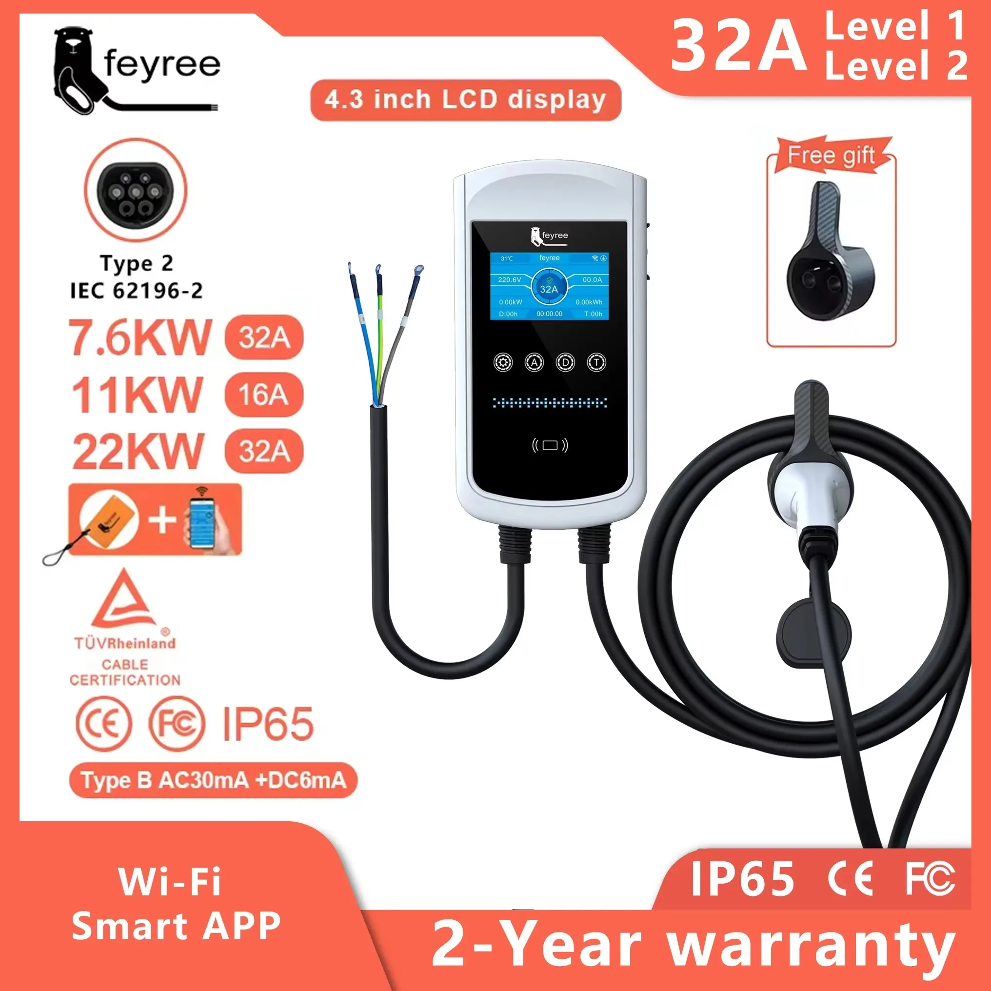 feyree Type2 EV Charger 32A 7.6KW Charging Station Car Charger 11KW 22KW 3Phase EVSE Wallbox 4.3inch Screen Smart APP Control