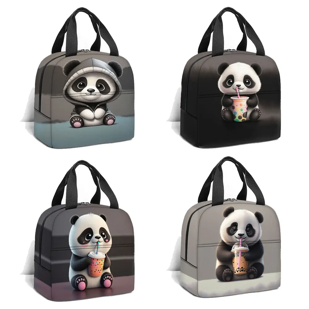 Panda Having Milk Tea Print Lunch Bag Cute Panda Bubble Tea Women Students School Picnic Bag Food Pouch Outdoor Hiking Food Bag