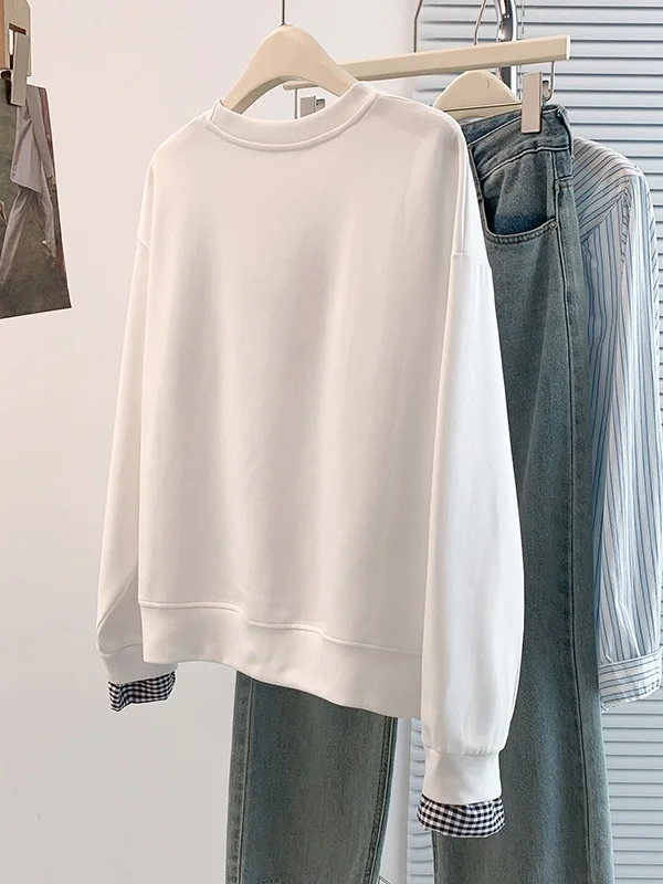 Automne hiver brodé longue Sve couche de Base T-shirt Sweat-shirt faux deux pièces Design femmes Faion liquidation S