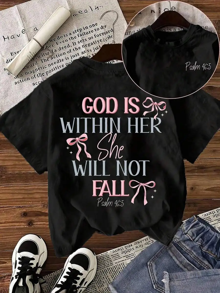 Coquette Ribbon Bow Christian T Shirt Women God Is Within Her Bible Verse Graphic Tee Double Sided Print Faith Church Outfits 2026