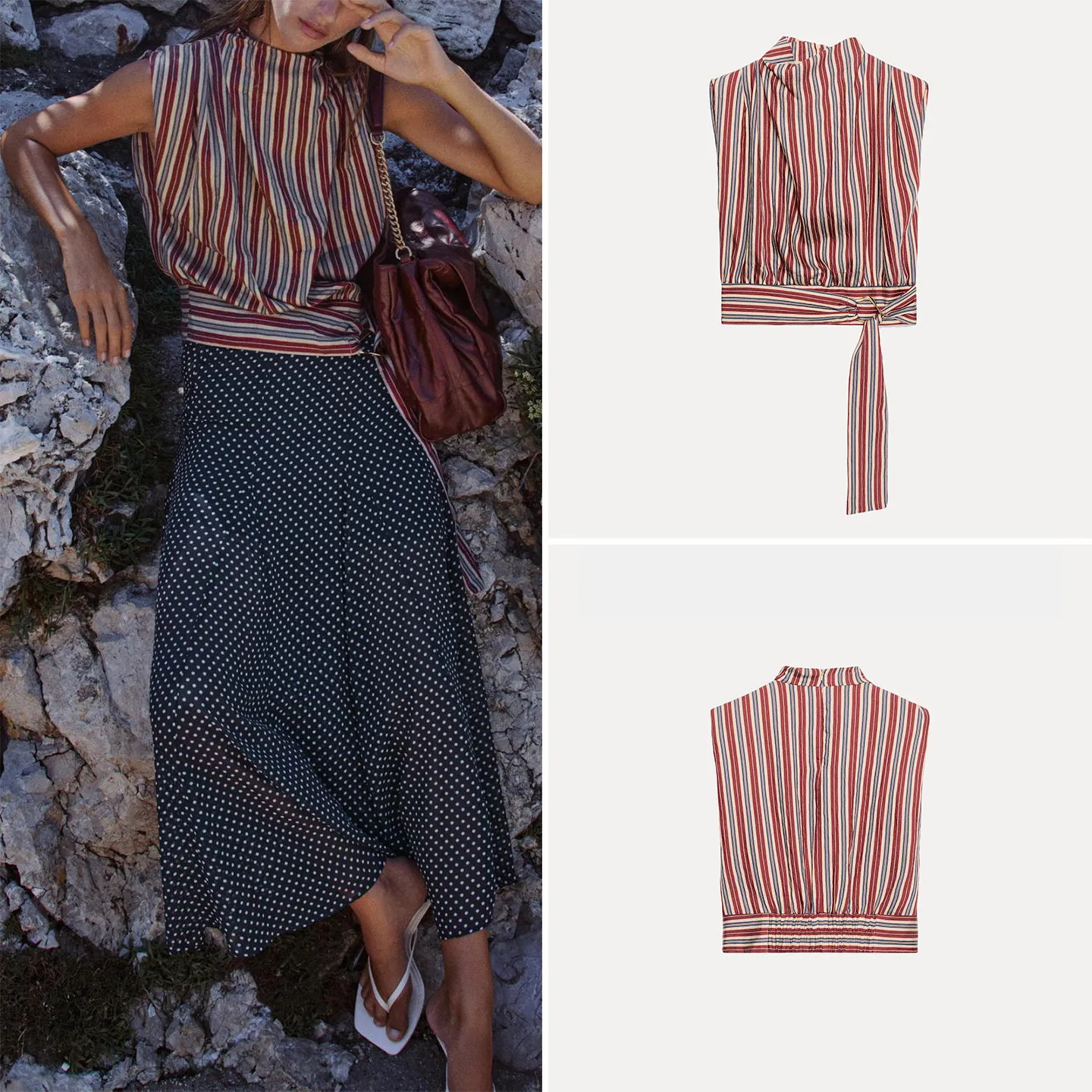 Women's Sleeveless Stand Collar Stripe Bow Decorated Short Top Casual Style Loose Fit Autumn New Arrival ZADATA Brand