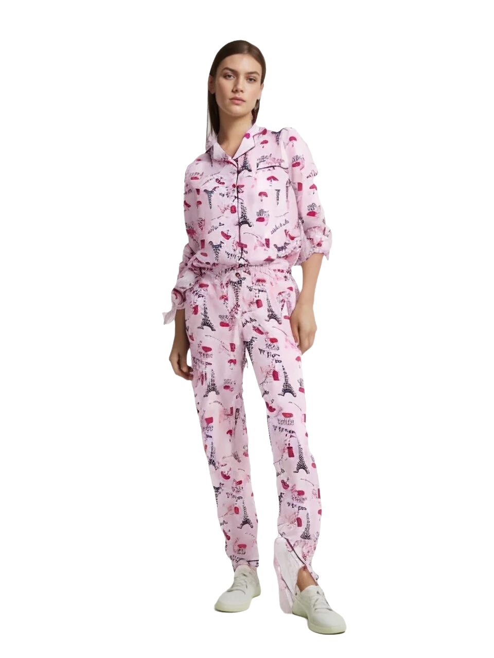 

Soft Cotton Mom Pajama Set with Princess Cartoon Design Full Sleeve Neck Sleepwear Cozy Homewear for Women