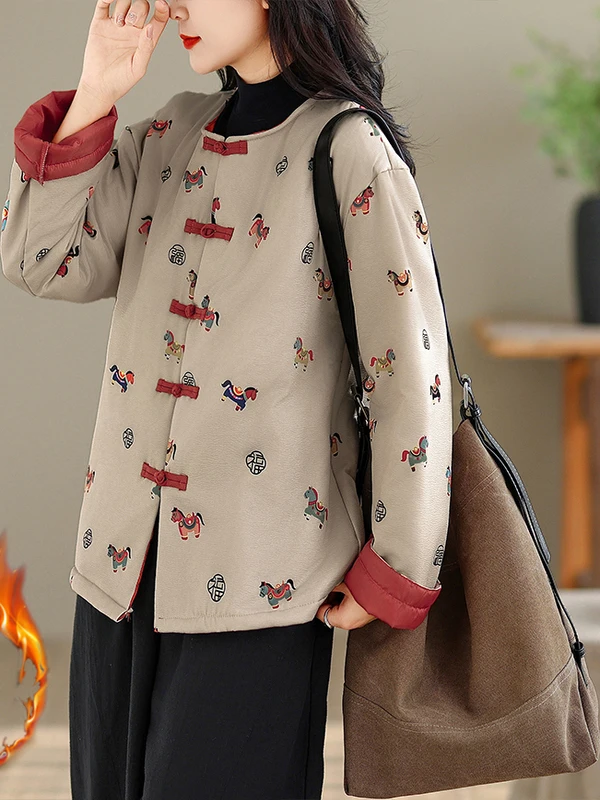 

New Chinese Sle Thiened Cotton Jaet Women's Winter Coat with Color Blo And Floral Print Button Detailing Casual Wear