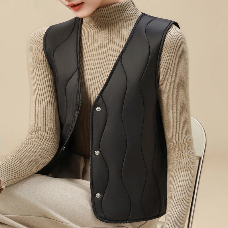 

Autumn Winter Women Solid Color V-neck Sleeveless Vest Lightweight Padded Button Portable Warm Slim Fit Comfortable Waistcoat