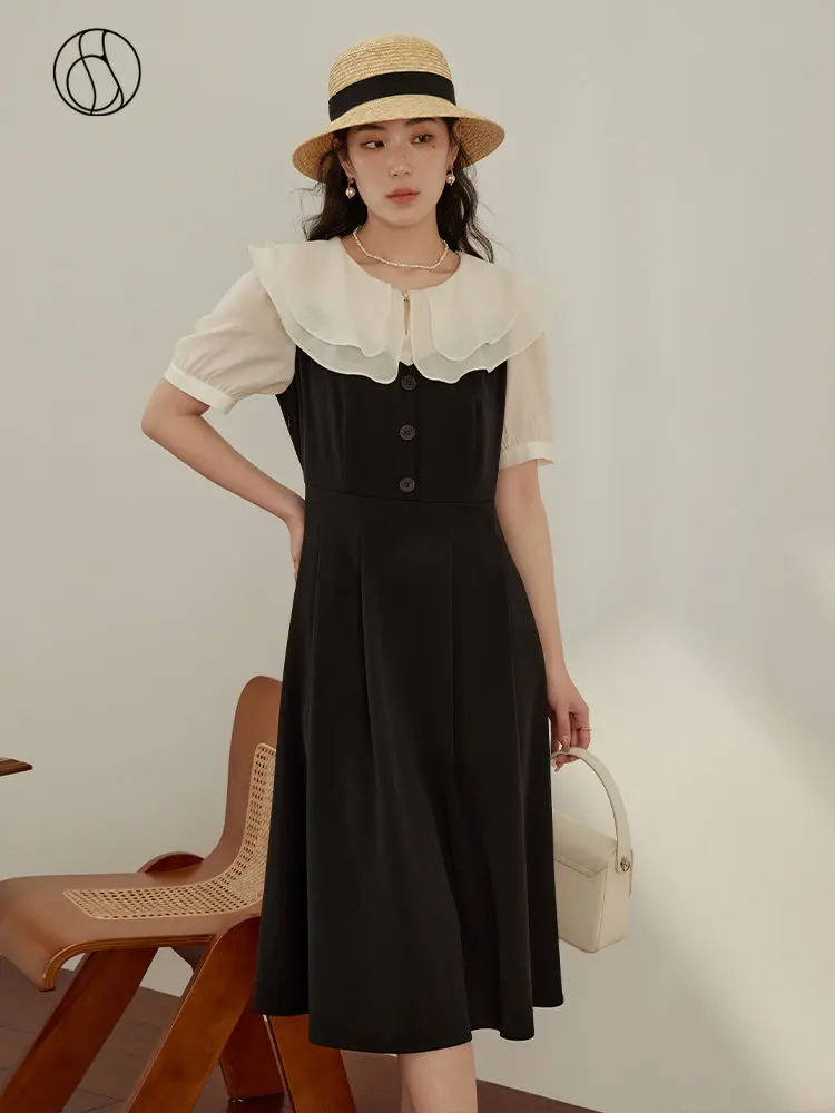 

DUSHU French Tea-break Peter-pan Collar Stitching Dress for Women Summer Newly Elegant Big Neck Light A-Line Dress Female