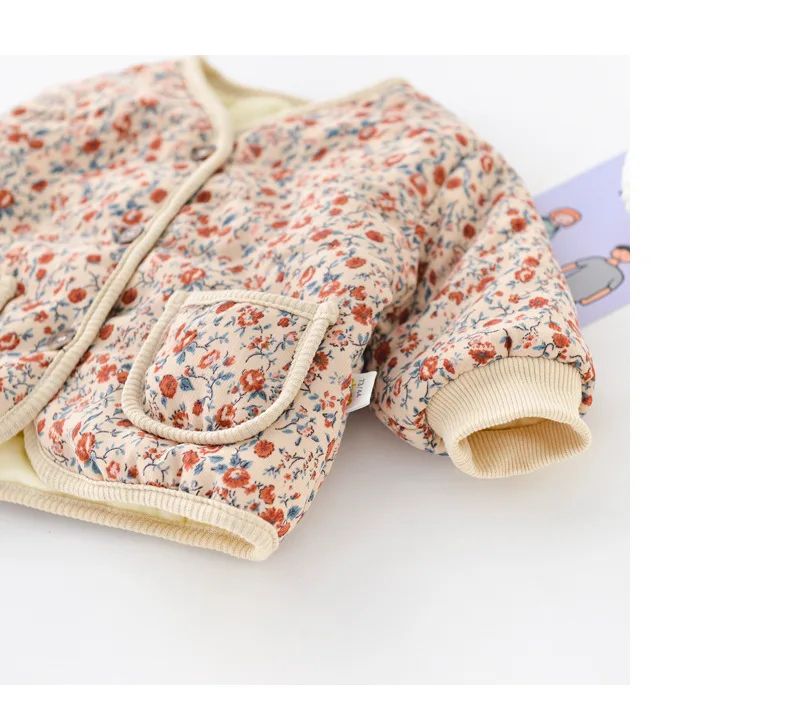 Koreanische Winter Kinder Mädchen 2PCS Kleidung Baumwolle Verdicken Floral Grenze Kind Jogger Hosen Anzug Langarm Einreiher Outfit – Detail 9