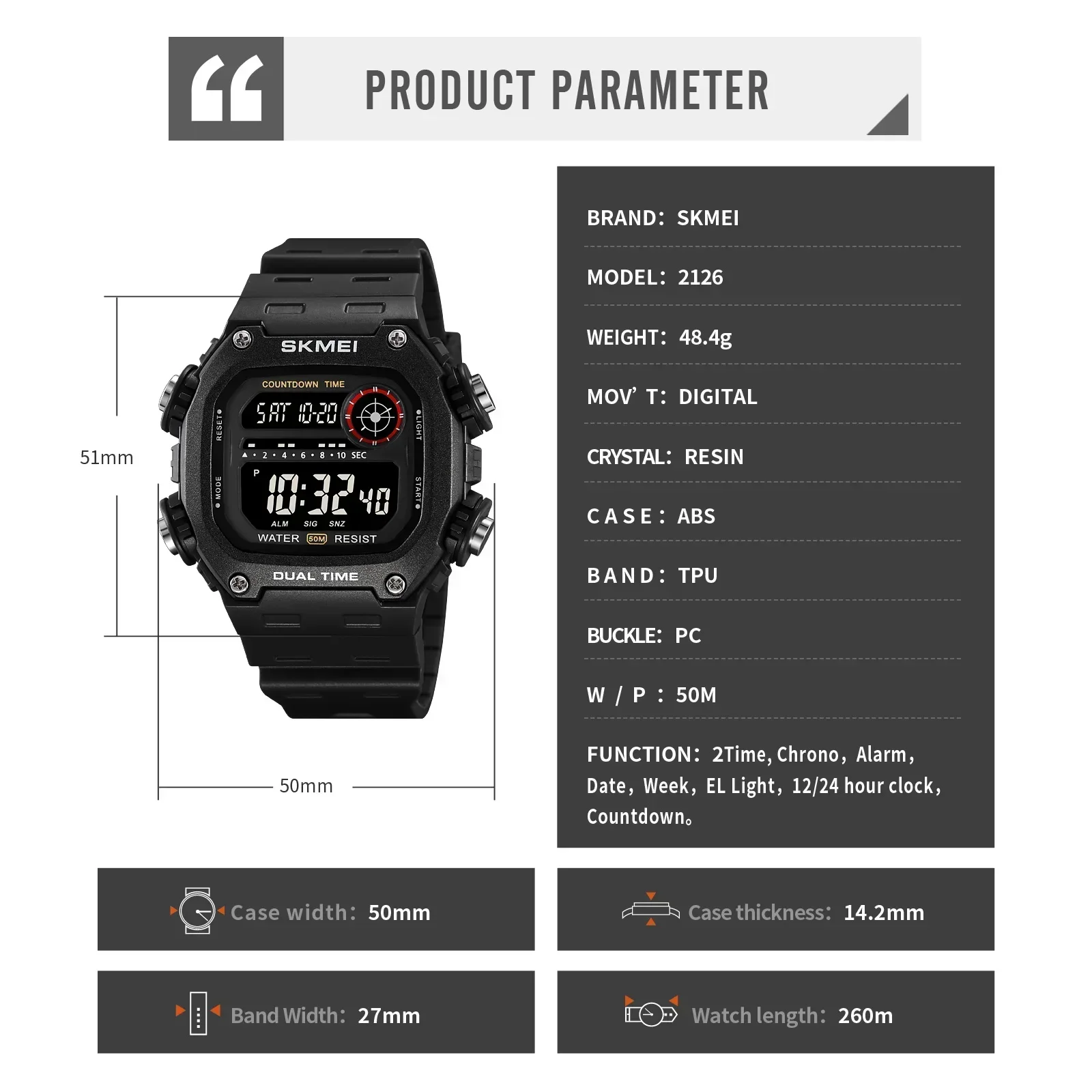 SKMEI 2126 Waterproof Stopwatch Wristwatches for Men LED Display