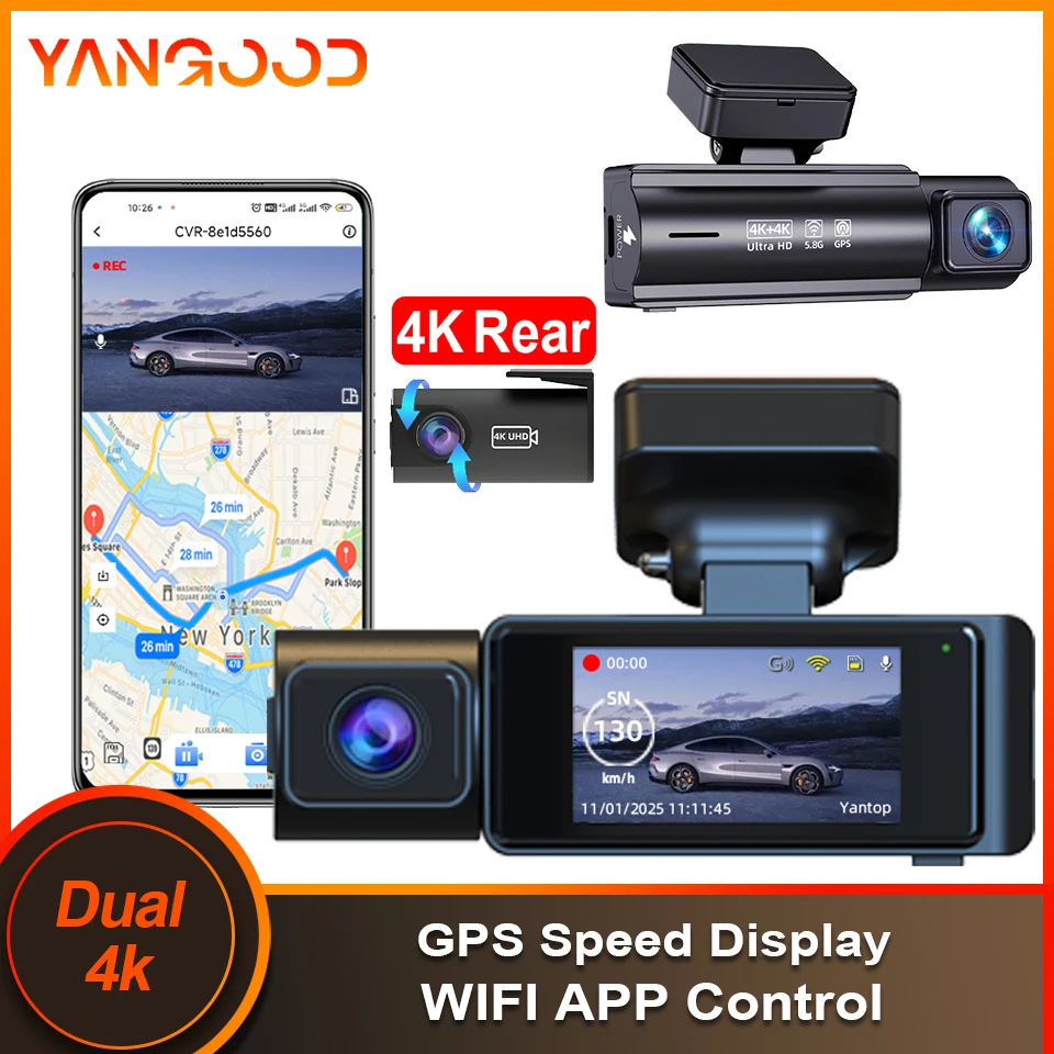 

Видеорегистратор Yangood 4K Dual UHD с двумя камерами, миниатюрный, с Wi-Fi и GPS, 360° обзор ° Поворотная камера заднего вида с поддержкой 4K
