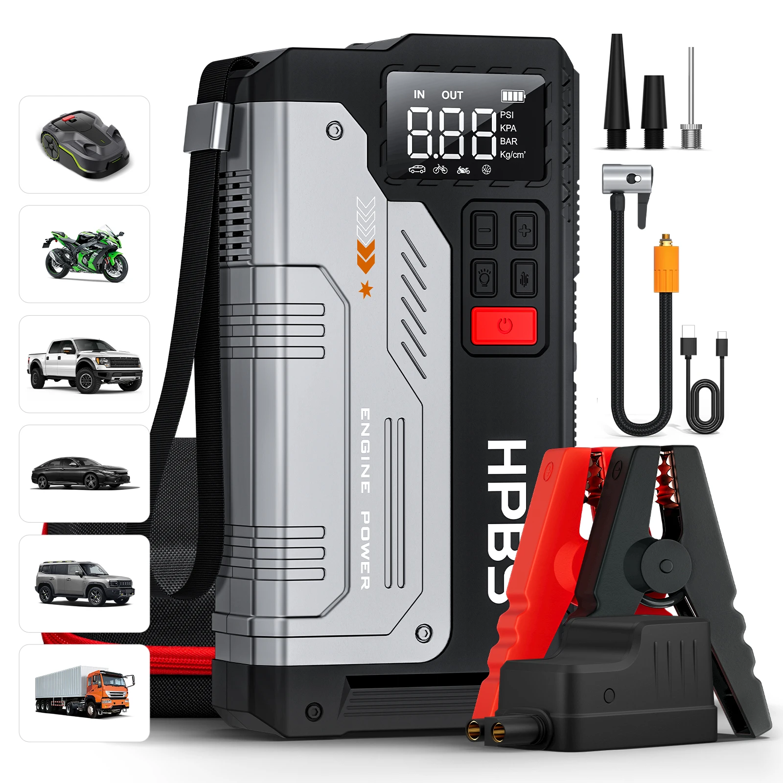 HPBS 2500A Jump Starter Power Pack with Air Compressor, Car Battery Booster Jump Starter with 150 PSI Tire Inflator for Vehicles