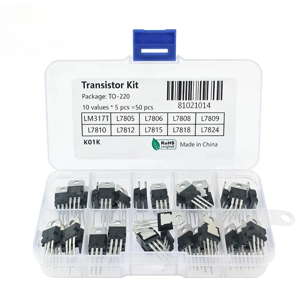 50PCS/box L7805-L7824 Voltage Regulator Assortment Kit 10 Assorted Values 5V-24V TO-220 for Arduino DIY Electronic Projects