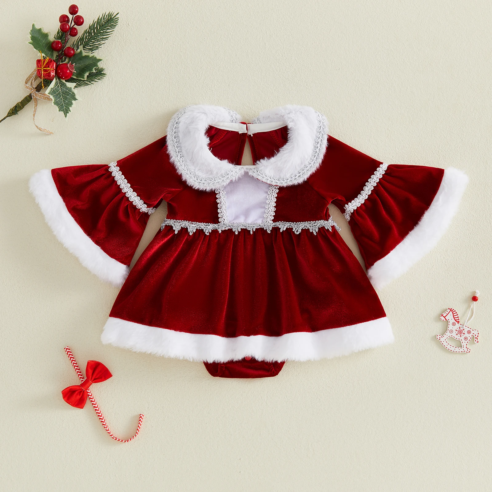 0-18M Baby Girl Christmas Romper Dress Fashion Fur Trim Doll Collar Long Bell Sleeve Velvet Jumpsuits