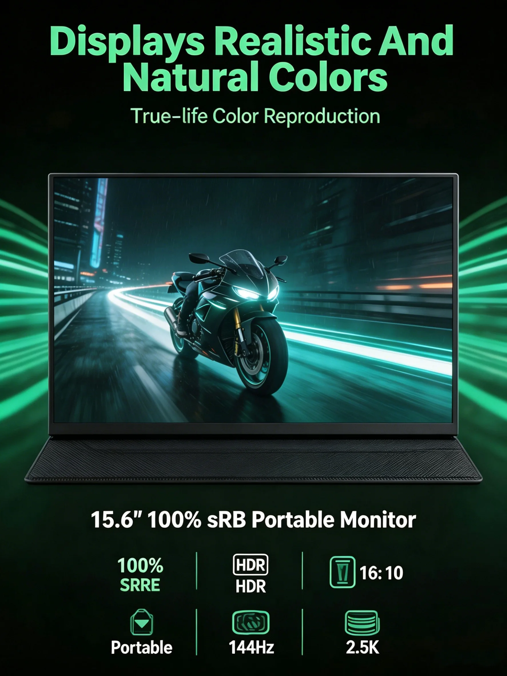 Stunning16 Inch144Hz 2.5K QHD Portable Monitor – 2560x1600 16:10 IPS HDR 100% sRGB USB-C Gaming Display