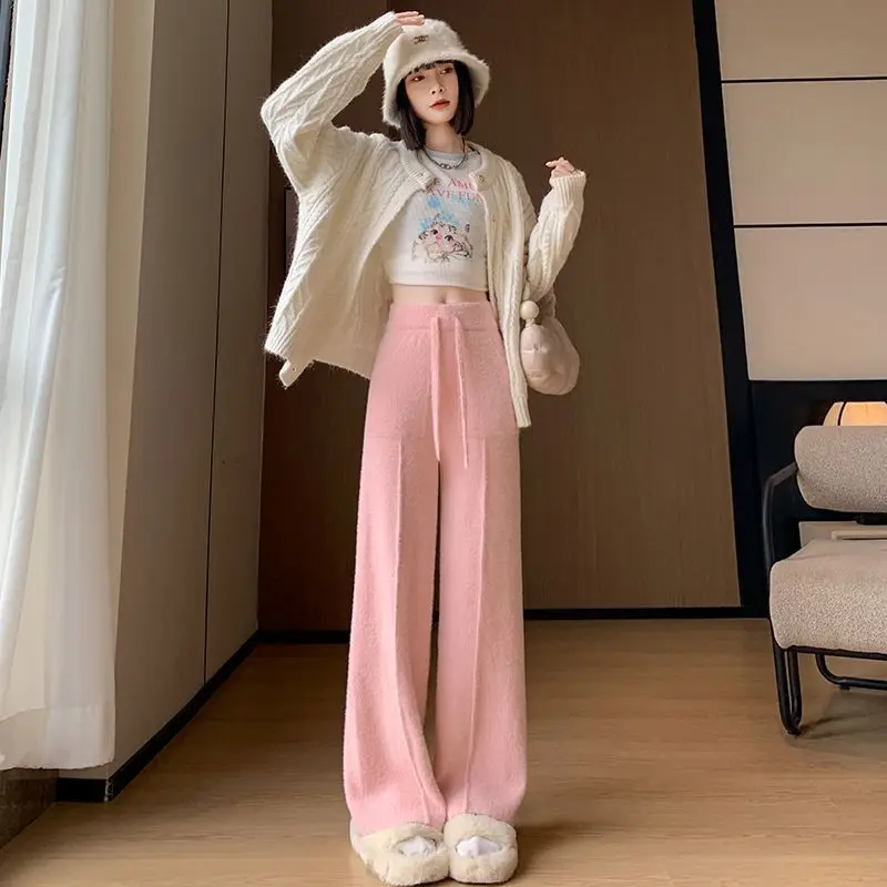 Pantalon à jambes larges tricoté en fourrure de vison Feng Shui paresseux, pantalons décontractés haut de gamme, pantalons de sol épais et chauds pour femmes, automne et hiver