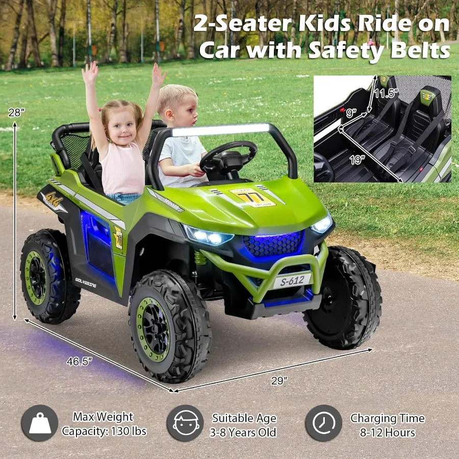 2 Seater Ride on Car for 12V UTV ' Electric Vehicles with Remote Control Spring Suspension Soft Start Music Bluetooth FM Batter