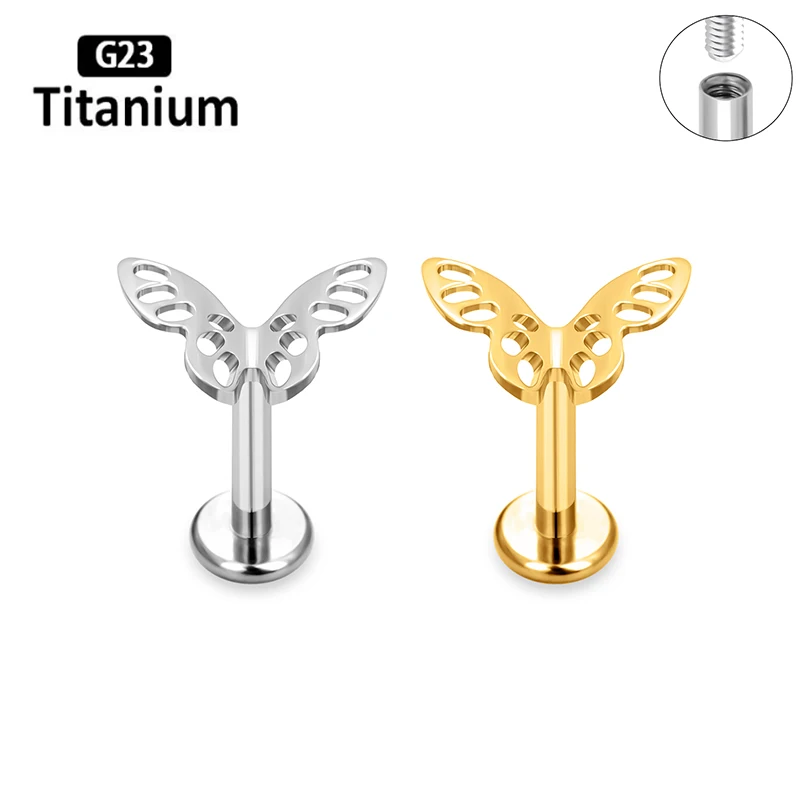 

ASTM F136 Titanium Labret Piercing Butterfly Ear Studs Lip Ring Internal Thread Hand grinding Tragus Helix Earrings Body Jewelry