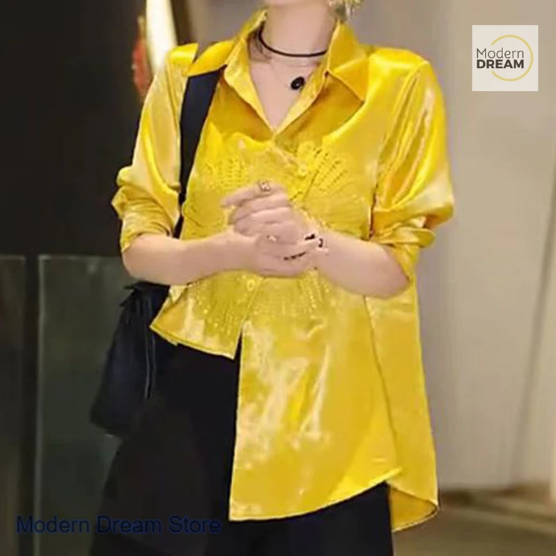 French yellow pattern fashion high-grade shirt women's spring and summer new exotic irregular loose slim Joker casual shirt