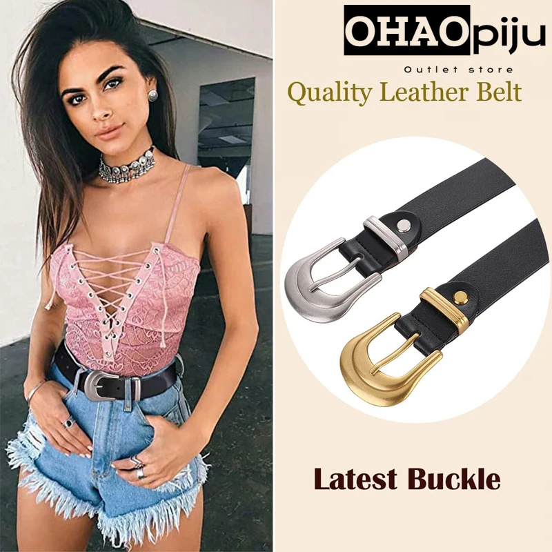 

OHAOPIJU 2024 New Fashion Women Leather Belts High Quality Gold Buckle Best Matching Dress Jeans Belts for Lady