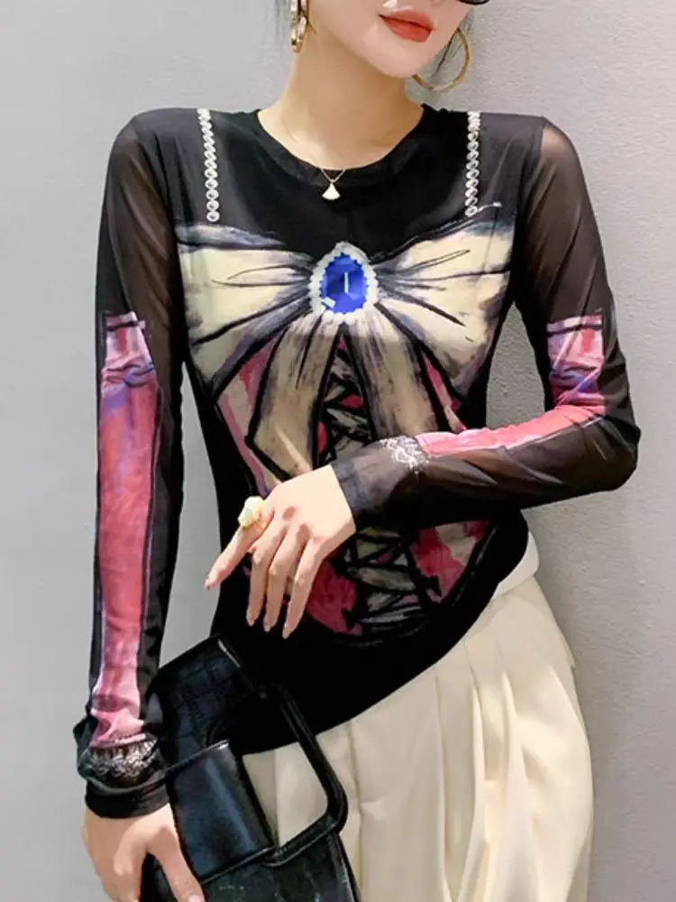 Spring Autumn Mesh T Shirts Lady O Neck Long Sleeve Positioning Printed Tshirt Women's Fairy Base Tops
