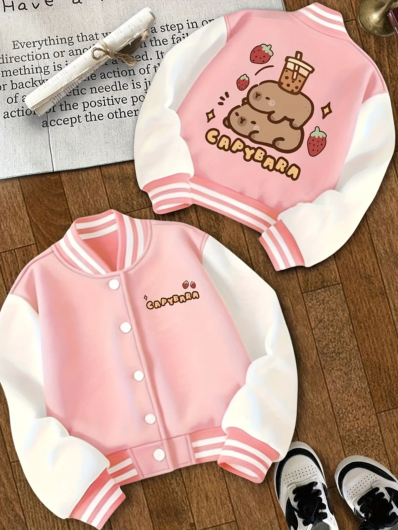 Capybara Strawberry Print Children's Baseball Jacket, Girls' Casual Button Jacket, Spring and Autumn Clothing