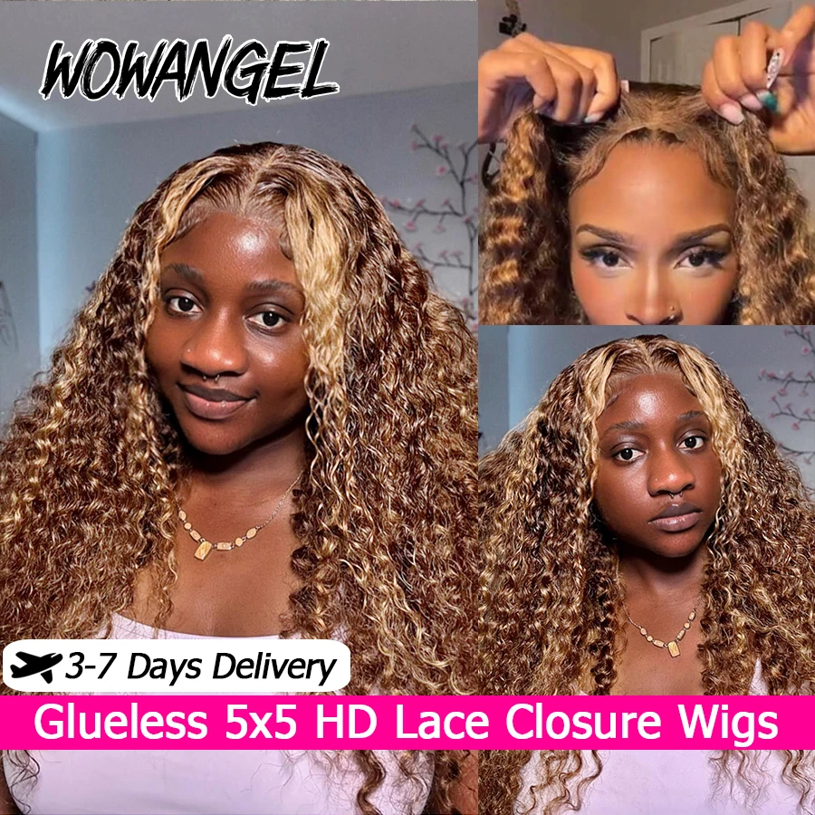 

P4/27 Highlight Ombre Brown Curly Wig Water Wave Human Hair Wigs Honey Blonde 5x5 HD Lace Closure Wigs Pre Plucked For Women