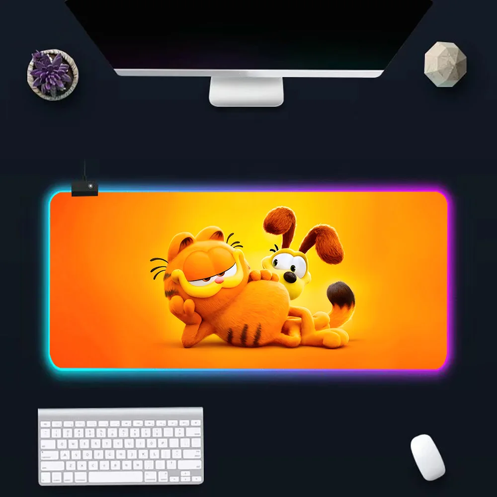 Tapis de souris en caoutchouc pour PC Gamer, dessin animé mignon et drôle, Garfields, RVB, clavier, sous-souris LED, tapis lumineux, ordinateur de jeu