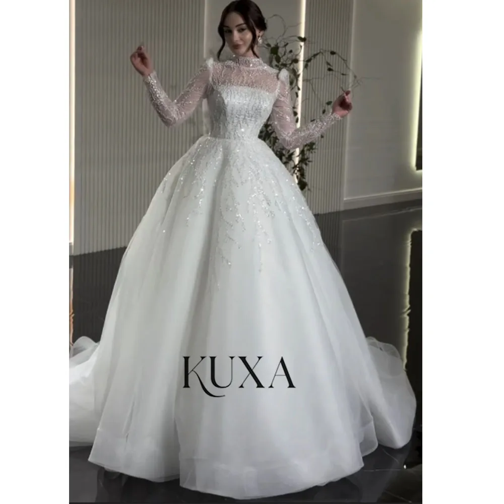 KUXA Maßgeschneiderte Spitzen-A-Linien-Luxus-Hochzeitskleider für Frauen, elegante, bodenlange Brautkleider mit langen Ärmeln, Vestido De Novia