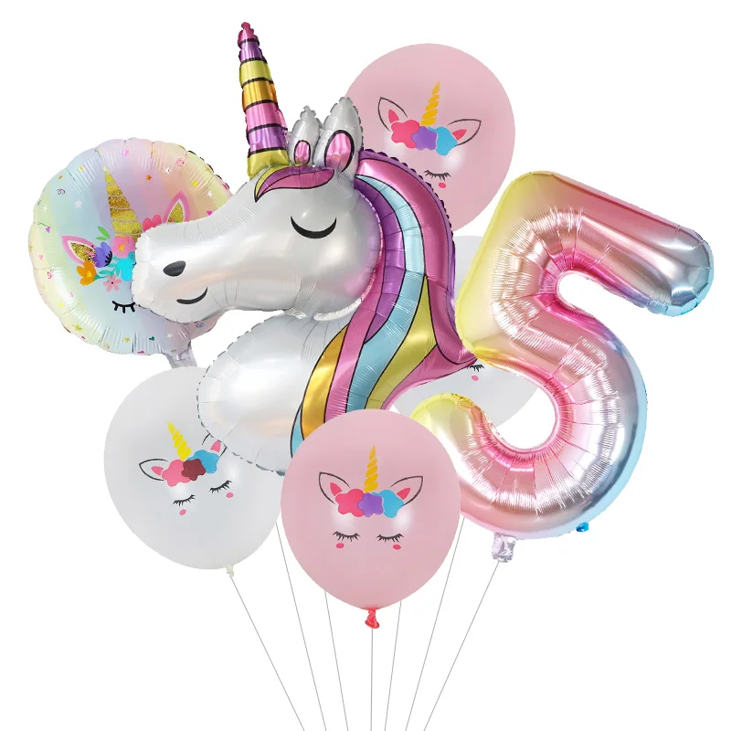 Globos de fiesta con temática de unicornio para niñas, globos redondos de aluminio, decoraciones de fiesta de cumpleaños de unicornio de 1 año,