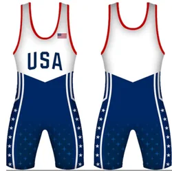 The USA Wrestling Singlets Suit Boxing One Piece Bodysuit Iron Men's Sports Elasticity Fitness Sleeveless Weightlifting Skinsuit