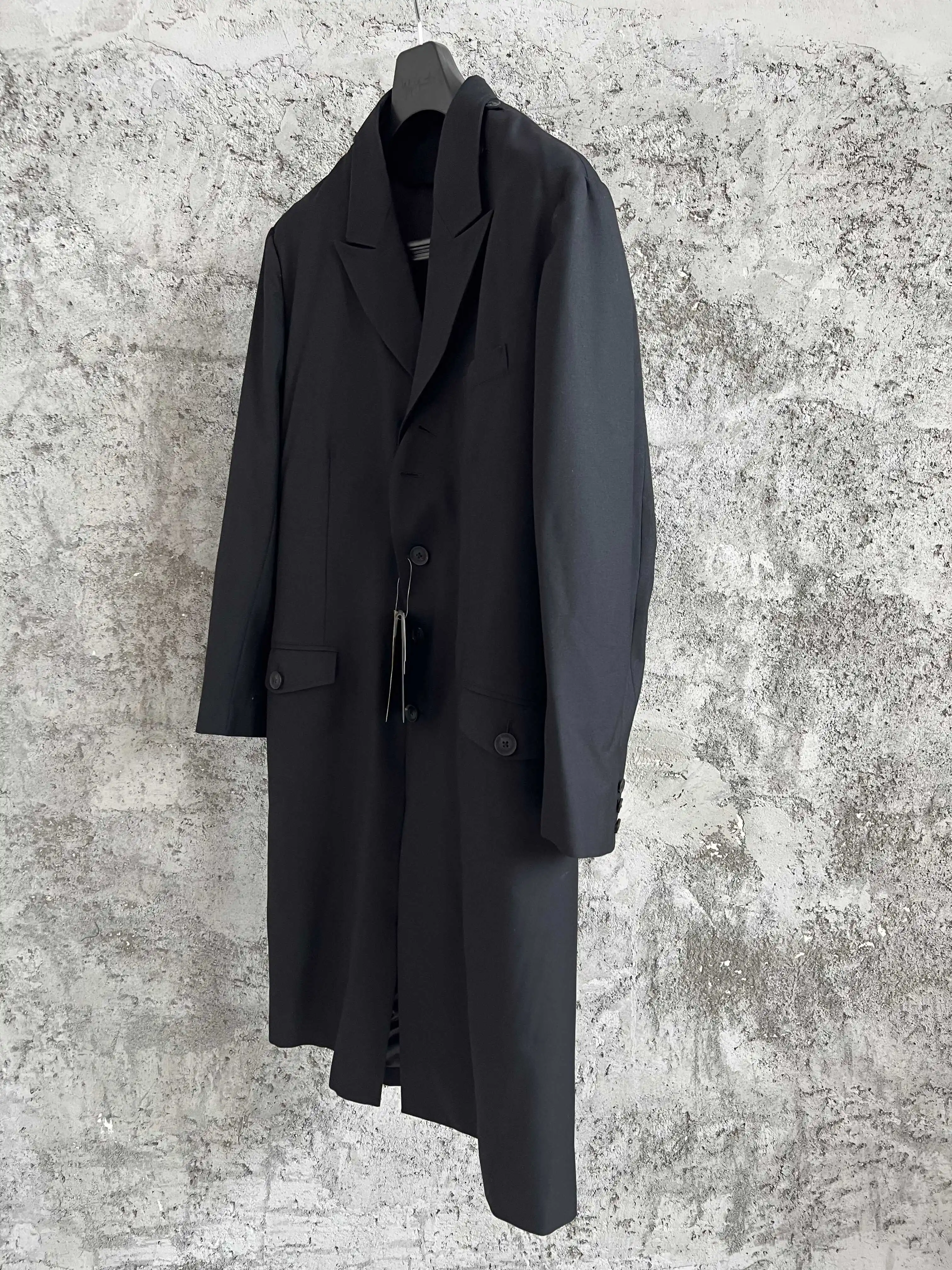 TOP-YAMAMOTO triacetate mixed polyester mid-length jacket, detachable collar, black single-breasted jacket